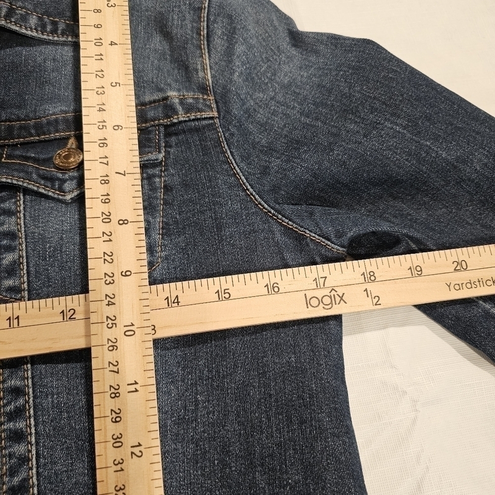 ARTISAN NY Navy Blue Denim Flap Pocket Trucker Cropped Jean Jacket sz S - Picture 4 of 9